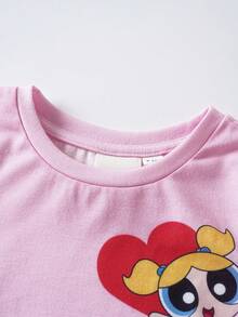 THE POWERPUFF GIRLS X SHEIN 女嬰卡通印花T恤短褲套裝 - 粉色 - 查看 3