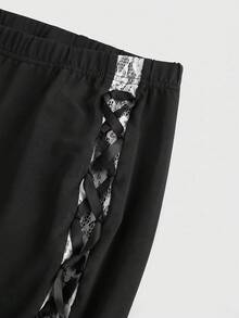 ROMWE Goth 女款復古華麗荷葉邊撞色蕾絲飾邊綁帶喇叭腿長褲 - 黑與白 - 查看 5