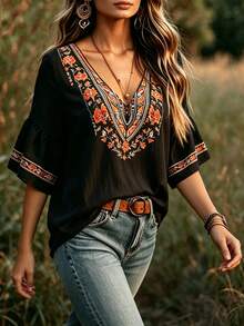 SHEIN LUNE CURVE Women's Bohemian Style Digital Print Loose Casual V-Neck Batwing Sleeve Blouse, Suitable For Outings And Vacations - Black - View 6