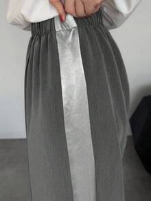 Dazy Tall Celana Kasual Wanita Pinggang Elastis Longgar Potongan Lurus dengan Patchwork Pita Warna-warni untuk Liburan Musim Gugur - Grey - View 7