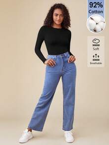 SHEIN BASICS 女款純色圓領長袖休閒T恤連身衣 - 黑色 - 查看 9