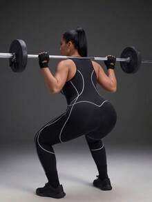 Powerista Women's Plus Size Seamless Front Zipper Black With White Line Decor Tank Top & Cropped Leggings Sports Jumpsuit - Mint Green - View 7