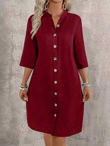 EMERY ROSE Gaun Liburan Kasual Wanita Warna Polos dengan Kancing Depan - Burgundy - View 5