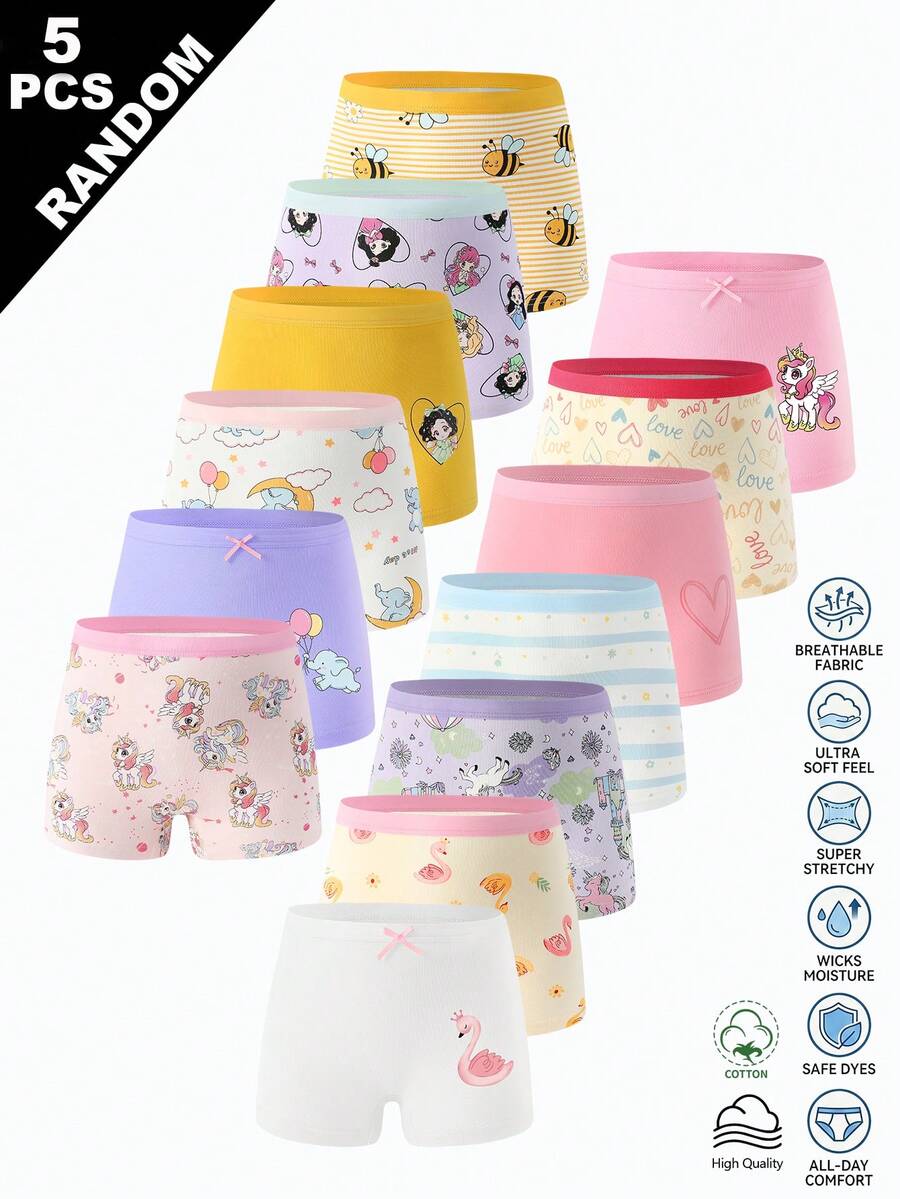 [5 piezas Enviadas al azar]Ropa interior multicolor con estampado de dibujos animados de poni, conejo y elefante para niña - Multicolor - Ver 1