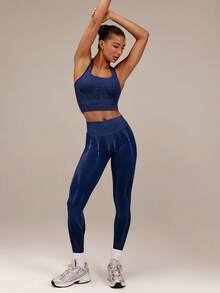 GLOWMODE Ultrafine Soft Seamless For Real Faux Denim Wash Square Racerback Tank With Removable Cups Training Workout Gym Fitness Wear - Dark Blue - View 7