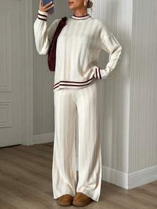 Pariaura Women's Ribbed Striped Long Sleeve Sweater And Knit Pants Set, Soft Style - White - View 5