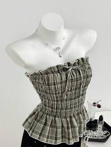 Elamini Top ajustado sin tirantes con volantes y lazo para niñas, primavera/verano - Verde - Ver 1