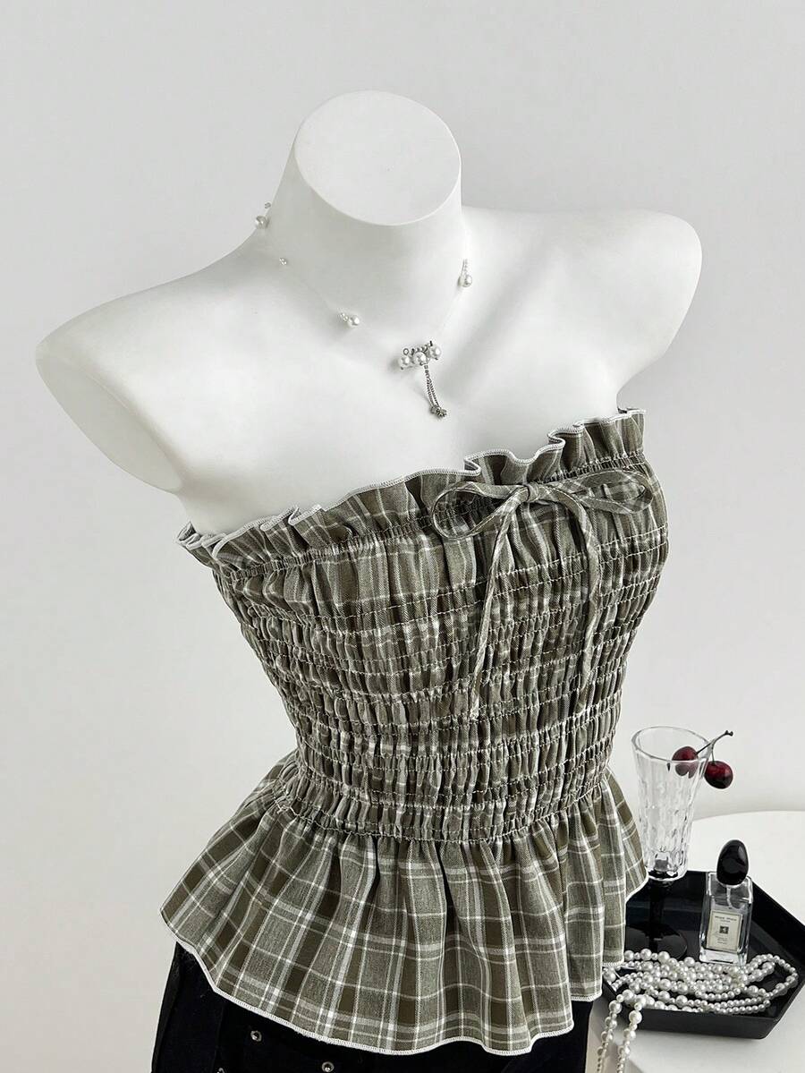 Elamini Top ajustado sin tirantes con volantes y lazo para niñas, primavera/verano - Verde - Ver 1