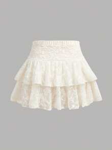 SHEIN Girlism Kids Tween Girls Solid White Textured Knit Cute Ruffle Layered Built-In Shorts Mini Skirt, Y2K Cute Sequin Fashion, Back To School Vacation Autumn - White - View 2