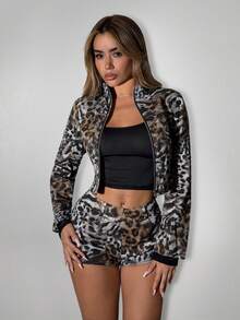 SHEIN ICON Y2k Y2k Women's Going Out Leopard Print Button Pocket Fashion Versatile Daily Casual Shorts - Multicolor - View 3