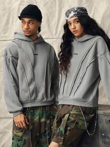 Norleigh Men's Casual Hoodie With Deconstructed Curved Paneling, Stretchy, Y2K, Grey, Patched, Rib-Knit, Long Sleeve, Oversized, For Gifts - Grey - View 4