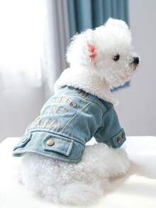 PETSIN 1件刺繡字母寵物藍色毛絨加厚外套，適用於低溫寒冷天氣的貓狗衣服 - 藍色 - 查看 4