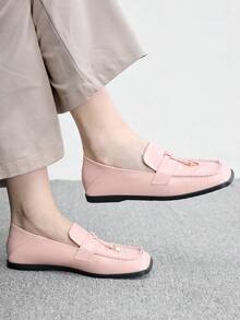 CUCCOO BIZCHIC Pink Soft Leather Metal Buckle Loafers Women's, Square Toe Flat Bottom Soft Sole Slouchy Shoes, Commuting Versatile Gentle Shoes - Pink - View 5