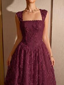 Poshira Women's Jacquard Elegant Waist-Cinching Ball Gown Dress - Burgundy - View 3