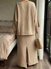 Livesso Women's Solid Color Boat Neck Batwing Sleeve Blouse And Skirt Casual Minimalist Elegant 2-Piece Set Teachers' Day Brunch Tea Party Khaki Green Autumn - Khaki - View 4