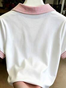 Resyla 女款POLO領修身休閒短袖T恤上衣，適合日常休閒穿著，夏季新款時尚心形圖案上衣 - 彩色 - 查看 2