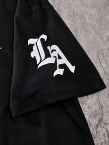 Teen Boys 2-Piece Set, Street Style Cool Black Short Sleeve Outfit, LosAngeles Letter Print T-Shirt And Wide Leg Sweatpants, City Slogan Print Design, Loose Fit, Comfortable For Daily Wear, Street, Campus Activities - Black - View 5
