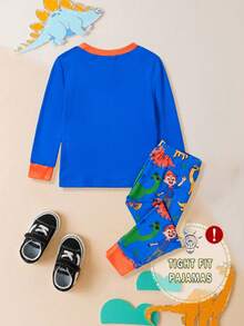 Blippi X SHEIN 2 件套男婴卡通恐龙舒适休闲圆领上衣和全印花图案紧身裤睡衣套装，适合春季、秋季和冬季 - 藍色 - 查看 2
