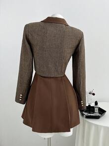 Elamini Women's Elegant Pleated Bandeau Dress And Button Cropped Long Sleeve Blazer Suit Set - Brown - View 2