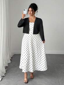 SHEIN Elenzya Plus Size 2pcs Polka Dot Spaghetti Strap Long Cinched Cinched Waist Set - Black - View 1