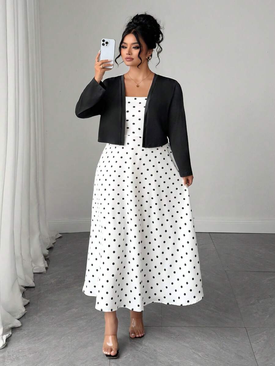 SHEIN Elenzya Plus Size 2pcs Polka Dot Spaghetti Strap Long Cinched Cinched Waist Set - Black - View 1