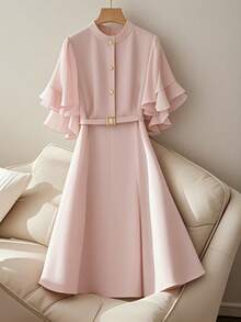 Franclia Ruffle Sleeve Solid Color Minimalist Fashion Waist Cinched A-Line Dress, Pink - Pink - View 4