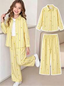 SHEIN Elladie kids 女童大童黃色條紋檸檬印花襯衫套裝，寬鬆休閒慵懶風，翻領，印花圖案，鬆緊腰寬腿直筒褲，2件套，適合日常休閒、通勤、優雅時尚、度假旅行 - 黃色 - 查看 4