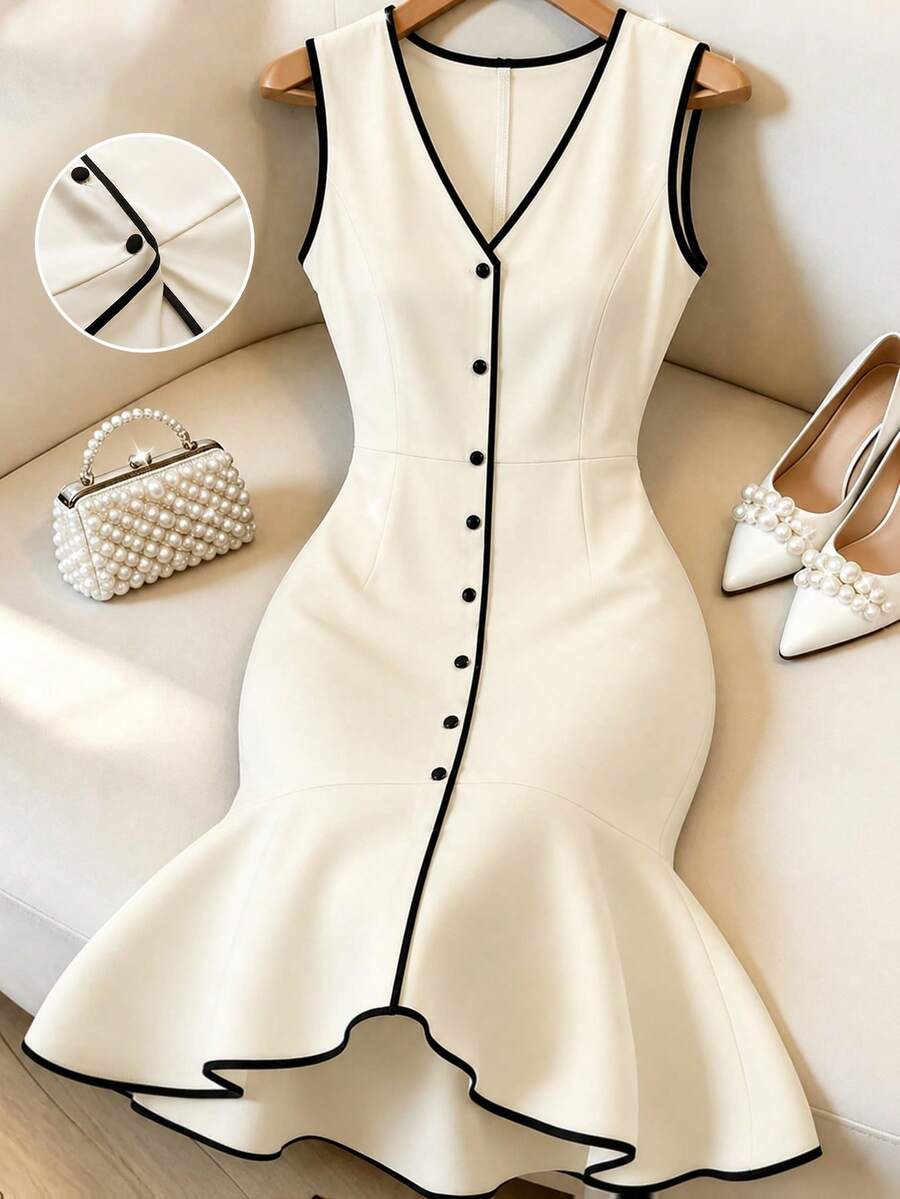 GlowEve CURVE Plus Size Women's Spring And Summer V-Neck Sleeveless Black And White Color Matching Dress, Accessories Button Front And Center Opening Minimalist Casual Outdoor/Commuting White Elegant Dress - White - View 1