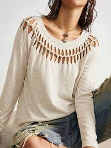 Bohemela Fall /Casual Solid Color Knit Women's T-Shirt/Y2K/Halloween/Music Festival /Western Style - Apricot - View 4