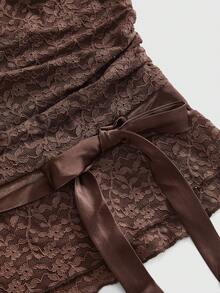 ROMWE Hippie Brown Textured Lace Ruched Waist Bow Tie Strappy Bandeau Top For Women - Brown - View 3