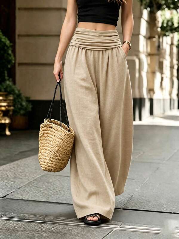 SHEIN Holidaya Brown Pocket Bamboo Knot Wrinkled Loose Wide Leg Pants, Asymmetrical Design, Textured Feel, Elegant And Fashionable, Suitable For Spring, Summer, Autumn, Winter, Vacation Wear, Women's Easter Outfit, Women's Holiday Wear, Women's Beach Wear, Mother's Day Graduation Ceremony Outfit, Summer Vacation Wear, Women's Workwear, Daily Outfit, Country Music Concert
