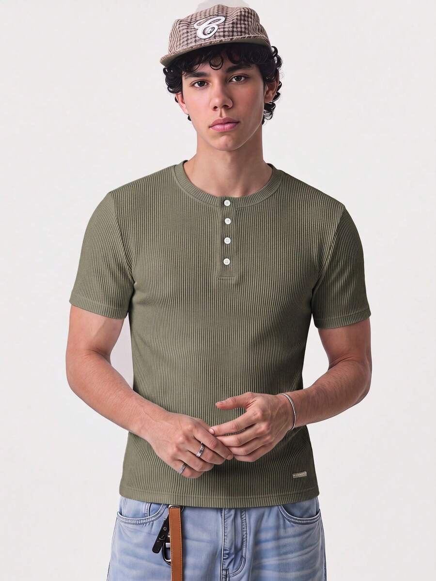 NORVETH Men's Summer Casual Slim Fit Plain Crew Neck T-Shirt, White - Olive Green - View 1