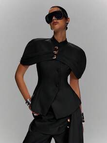LYSMO Women's Metal Button Design Sleeveless Jacket And Single-Breasted Vest Suit Set - Black - View 1