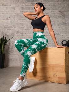 SHEIN Sports 女款紮染高腰日常健身運動緊身褲 - 綠色 - 查看 5