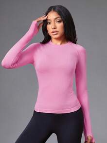 SHEIN Sports 拇指孔長袖修身無縫運動T恤 - 粉色 - 查看 3