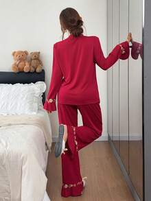 Napfluff Women's Colorful Embroidered Floral Trim Ruffle Long Sleeve Pajama Set, Burgundy Ribbed Knit Fabric, Comfortable Elegant Detail Autumn/Winter Clothing - Red - View 2