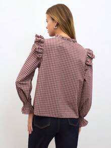 Nöista Burgundy Plaid Blouse With Ruffled Collar, Button Front & Ruffled Yoke. Elastic-Cuff Sleeves. Office, Cowgirl Style. Fall Autumn, Winter Blouse.. - Red - View 5