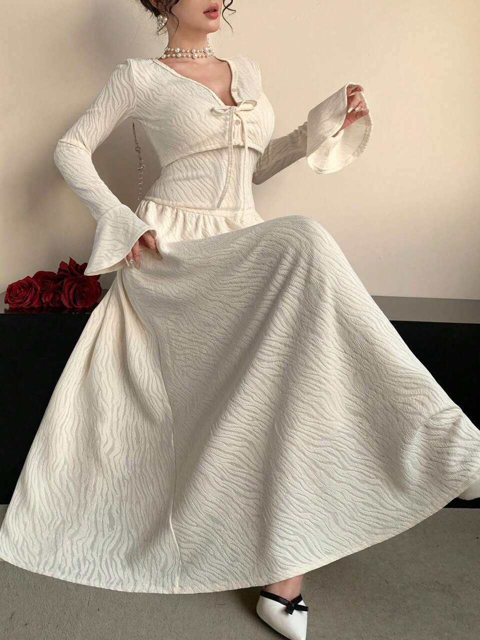 Summer Autumn Bell Sleeve Short Cardigan Off-White Fitted Spaghetti Strap Dress Wedding Brunch Banquet Ball Party Elegant Romantic Women 2 Pieces Set