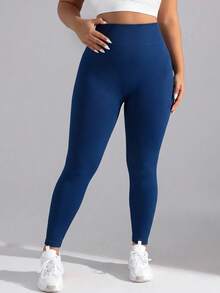 SHEIN Unity Women's Plus Size Navy Blue High Waist Yoga Pants, High Elastic Peach Butt Fitness Yoga Leggings, Back Waist Lift And Shaping Design, Highlighting Buttocks And Waistline - Navy Blue - View 3