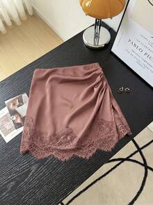Muvela Women's Solid Color Pleated Contrast Lace Elegant Skirt - Dusty Pink - View 3