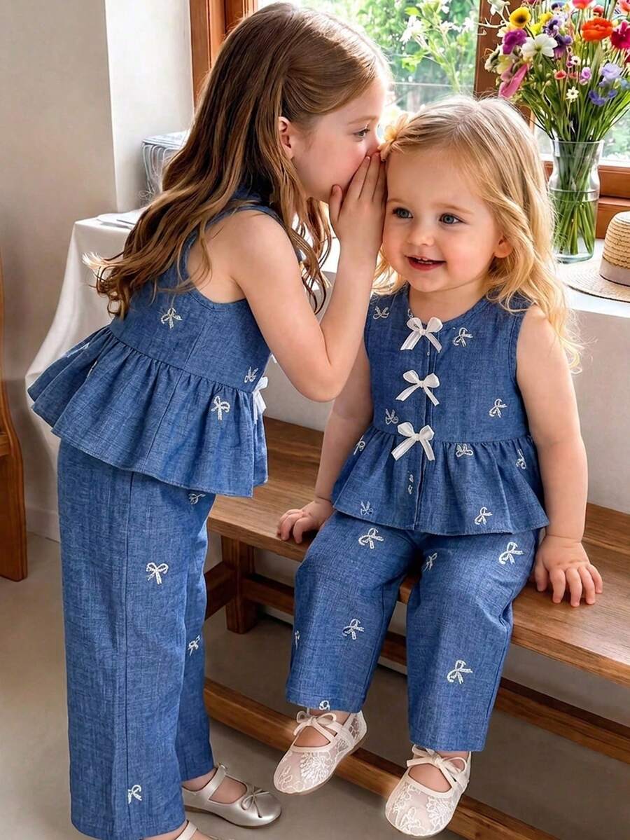 SHEIN Vintaside Kids 女嬰夏季藍色甜美可愛草莓印花條紋無袖荷葉邊上衣與寬腿褲套裝,寬鬆舒適版型,適合日常出遊、休閒旅行、家庭聚會、戶外玩耍及拍照 - 藍色 - 查看 1