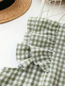 SHEIN LUNE 大码女式休闲格子荷叶边衬衫，适合节日穿着，包括沙滩上衣、度假上衣、夏季上衣、母亲节女式上衣、休闲可爱女式衬衫、夏季格子印花休闲上衣、夏季格子上衣等。 - 彩色 - 查看 3