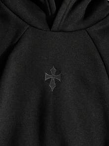 SHEIN 青少年男孩黑色秋季街頭風衛衣，3D十字刺繡拼接設計，柔軟舒適面料，百搭版型，適合街頭出遊、休閒日常穿著及春秋日常 - 黑色 - 查看 6