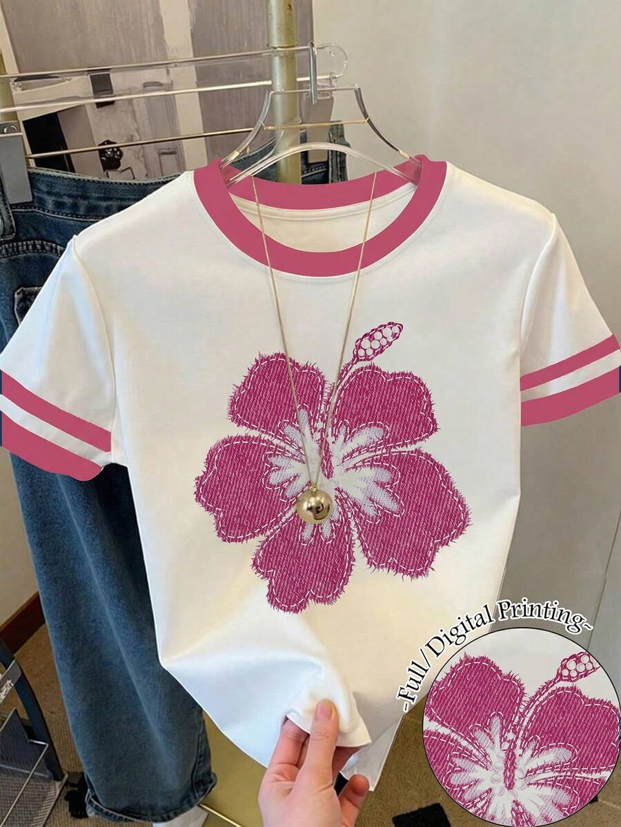 少女碎花印花宽松休闲撞色条纹圆领T恤上衣,适合夏季日常穿着 - 彩色 - 查看 1