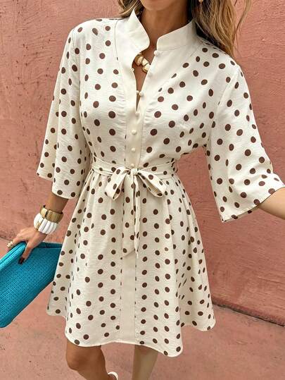 Flora Isola Flora Isola Women's Elegant Fashionable Commuter Casual Comfortable Charming Vintage Minimalist High-End Romantic Holiday Vacation Flare 3/4 Sleeve AB Fabric Patchwork Faux Linen Cotton-Feel Fabric Small Stand Collar Front Center Decorative Button Waist-Cinching Slimming A-Line Digital Brown Polka Dot Dress (Random Print)