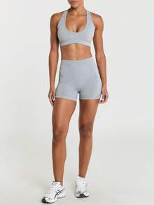 11SKNDS Seamless Sports Bra With Racerback And Crossback Straps, Scoop Neckline, Ribbed Underband, Low To Medium Support With Sweat-Wicking, Stretchy, Breathable, Buttery-Soft, Low Impact Support & Removable Cups, For Gym Workout Fitness Yoga Pilates Studio, Running, Training & Hy-Rox - Grey - View 4