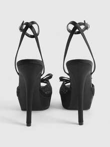CUCCOO LuxiPop Ladies Black Satin Satin Bow Design Lace Stitching High Heel Platform High Heel Sandals - Black - View 6