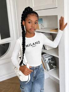 SHEIN Tween Girl Letter Graphic Cropped Crew Neck Long Sleeve Tight T-Shirt, Suitable For Spring, Autumn And Winter - White - View 4