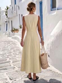 SHEIN LUNE Women's Summer Round Neck Apricot Color Waist-Cinching Full Skirt Sleeveless Long Dress, Elegant Elegant, Birthday Gift, Date, Party, Carnival, Travel, Beach, Vacation, Street, Photo-Worthy Outfit, Summer Clothing, Summer Dress, Summer New Arrival, Essential Fashion Item, Niche Design, Versatile, Women's Casual Vacation Style Long Dress - Apricot - View 2