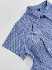 Sunspun Plus Size Spring Summer Asymmetrical Collar Short Sleeve Plaid Shirt - Blue - View 6